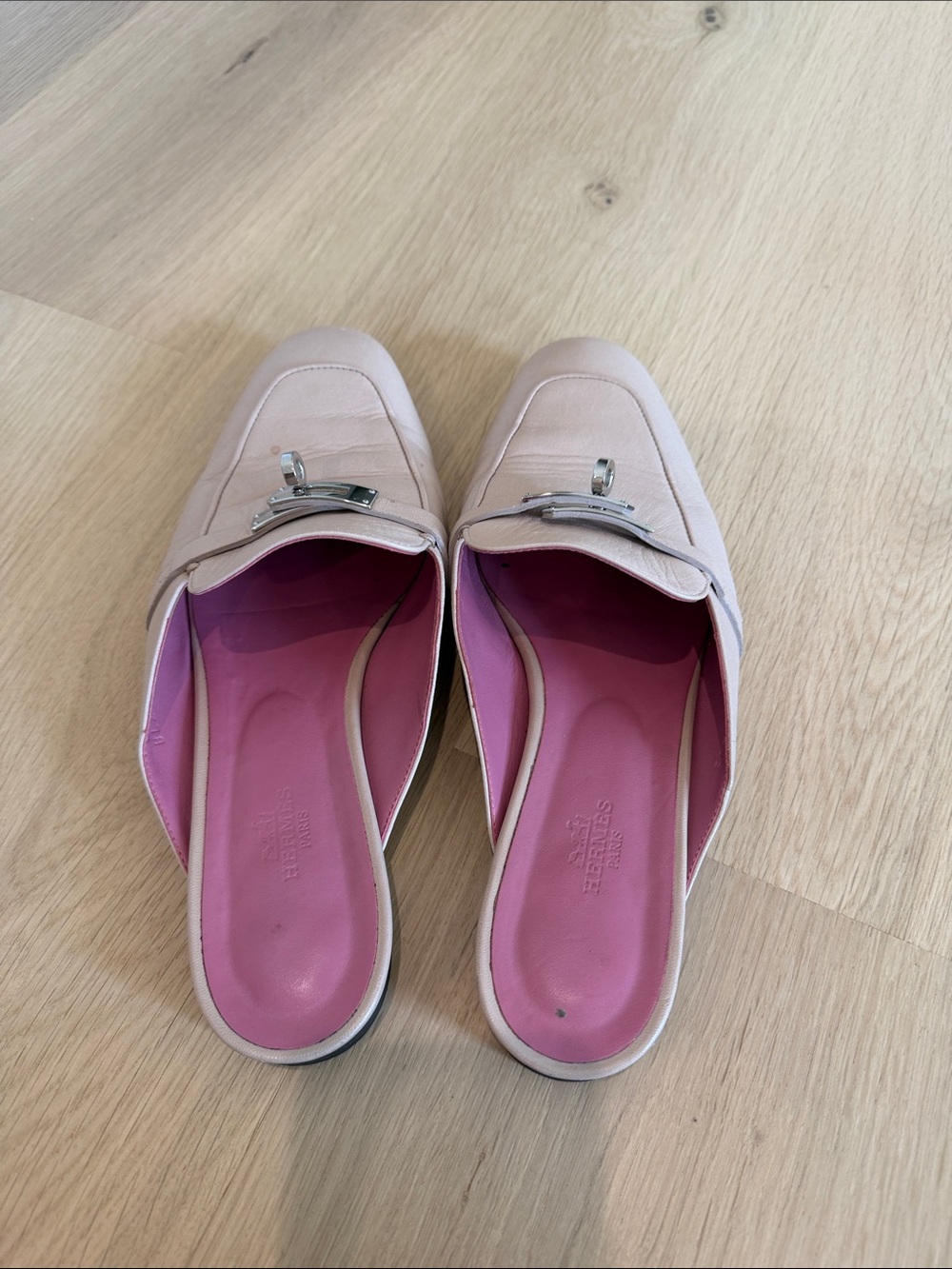 Hermes Pink Leather Backless Mules with Silver Buckle